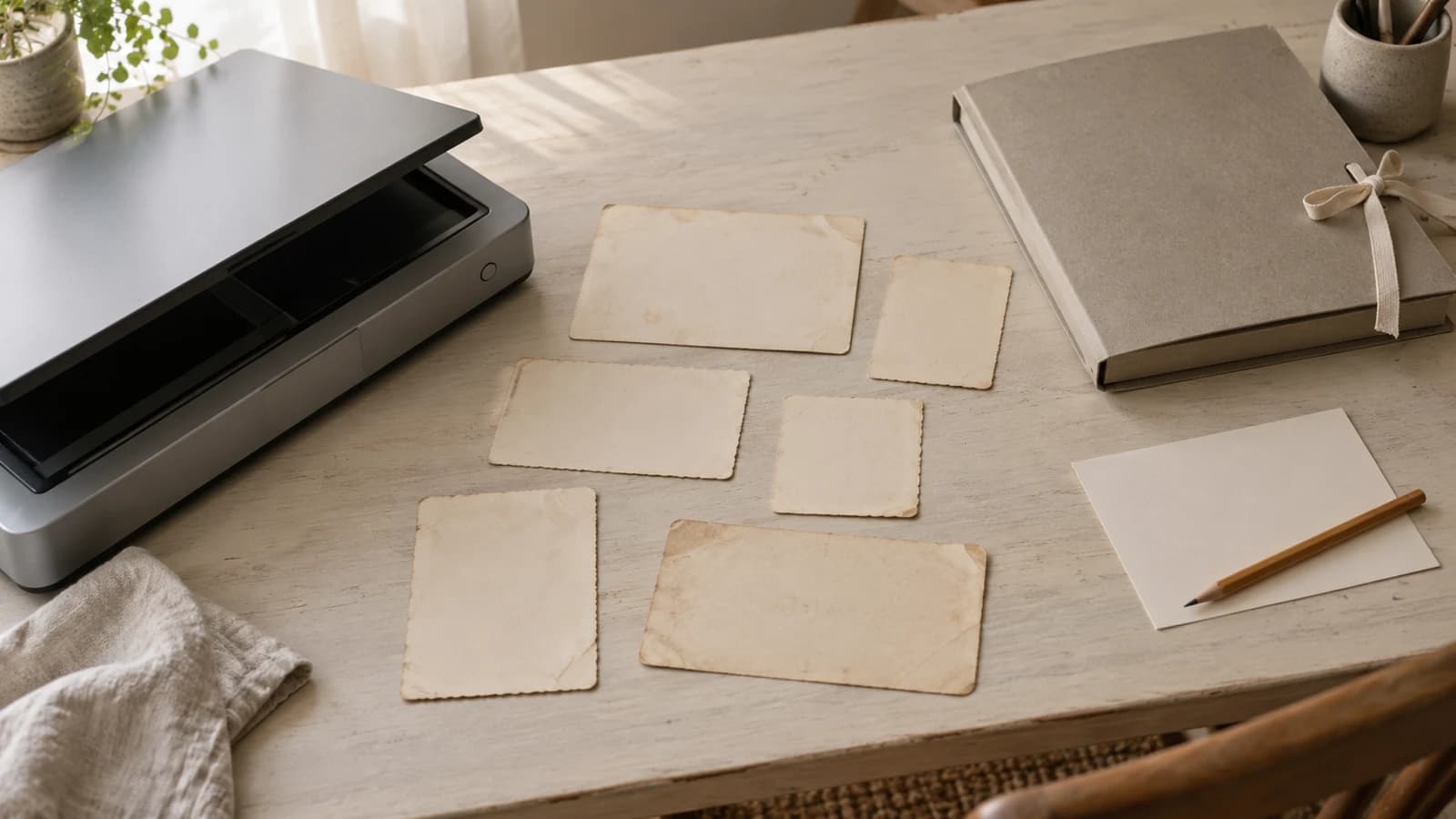 Face-down photographic prints beside an open flatbed scanner, a closed folder, and a blank note card on a wooden desk