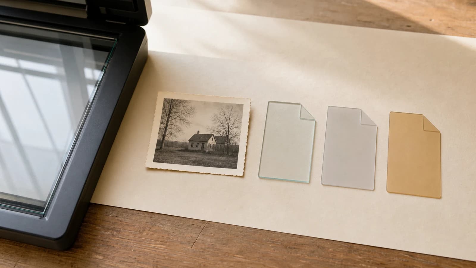 A flatbed scanner beside a black-and-white house photograph and three translucent file-shaped panels