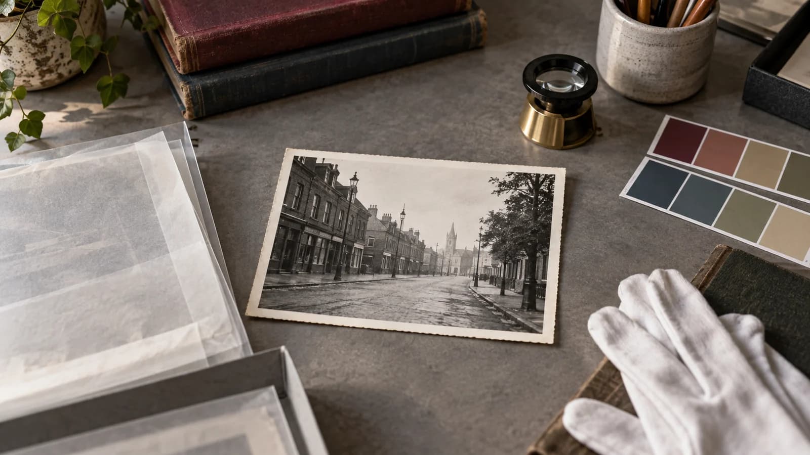 Black-and-white streetscape print on an archival worktable beside muted color swatches and a magnifying loupe
