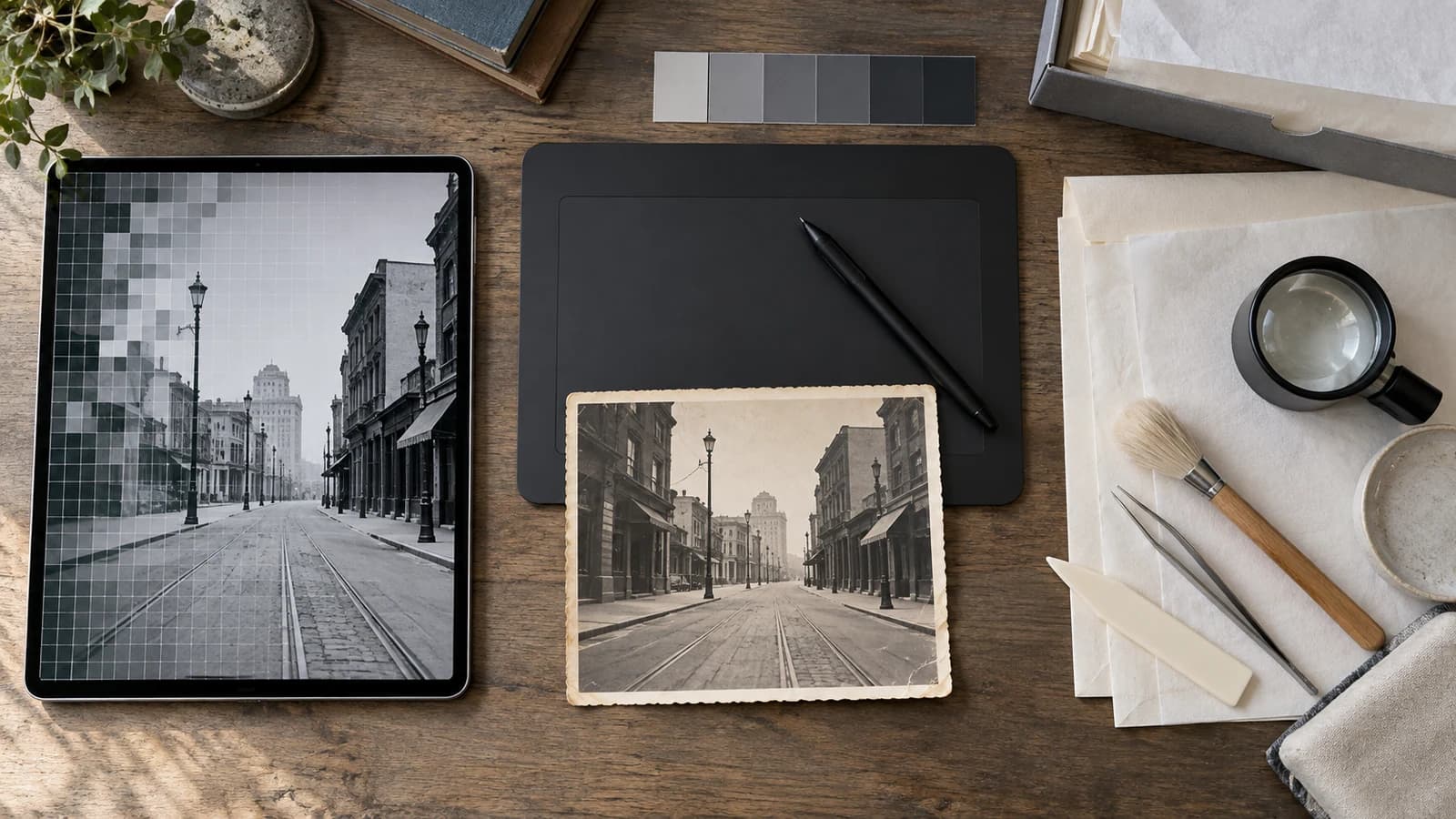 Worktable with an empty-street photograph, a digital restoration tablet, a retouching stylus, and photograph conservation tools
