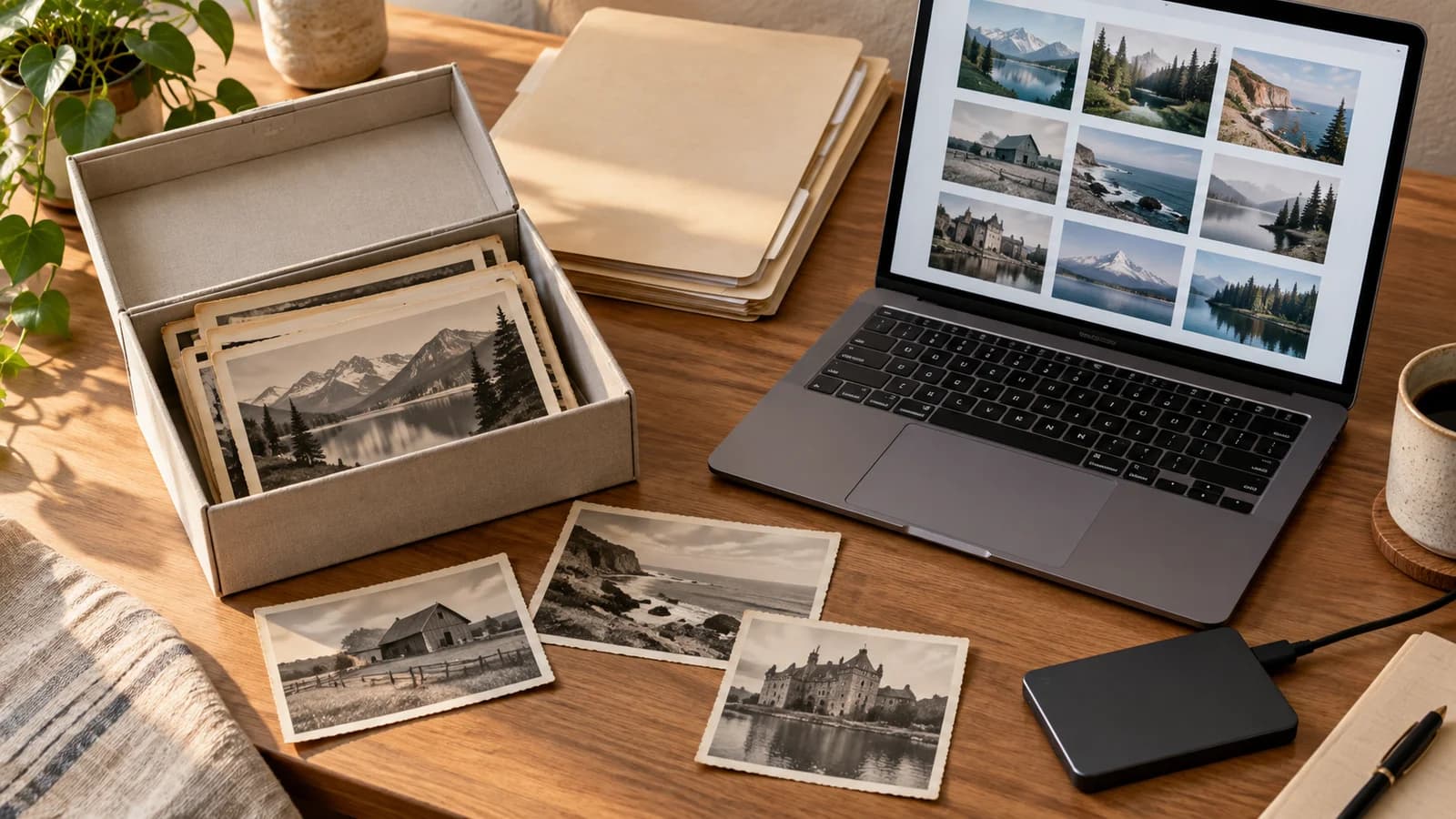 Archival box of anonymous landscape prints beside plain folders, a laptop photo grid, and an external drive