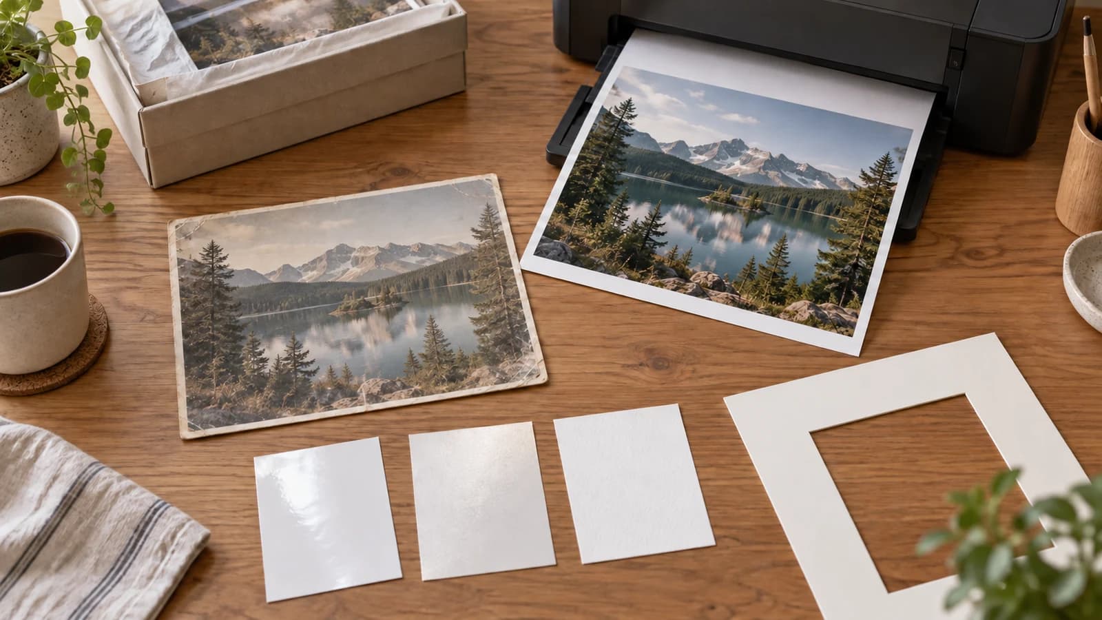 Printing workspace with a faded landscape photograph, a fresh reprint, three paper samples, and a blank crop mat