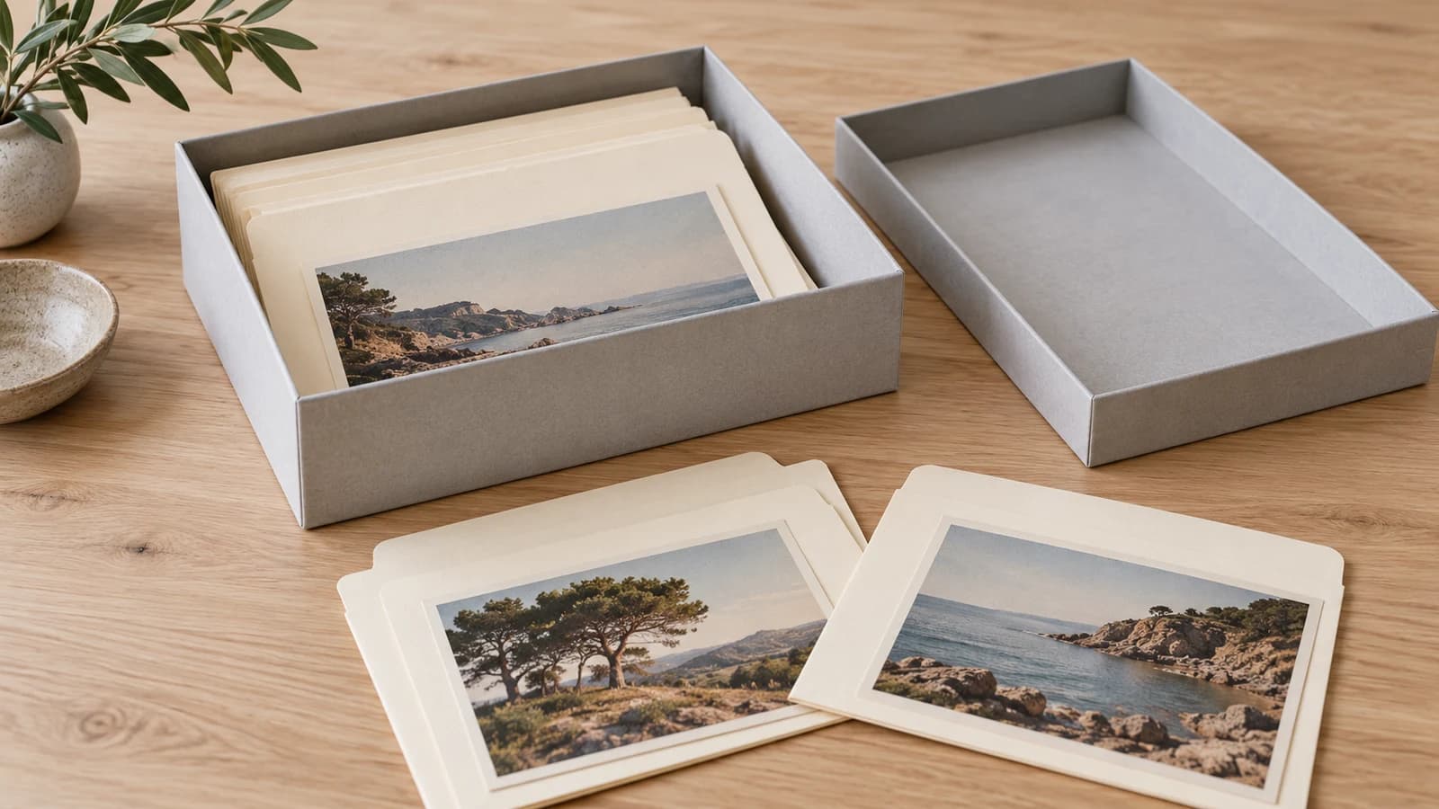 Open gray storage box with cream folders and landscape prints on a wooden table
