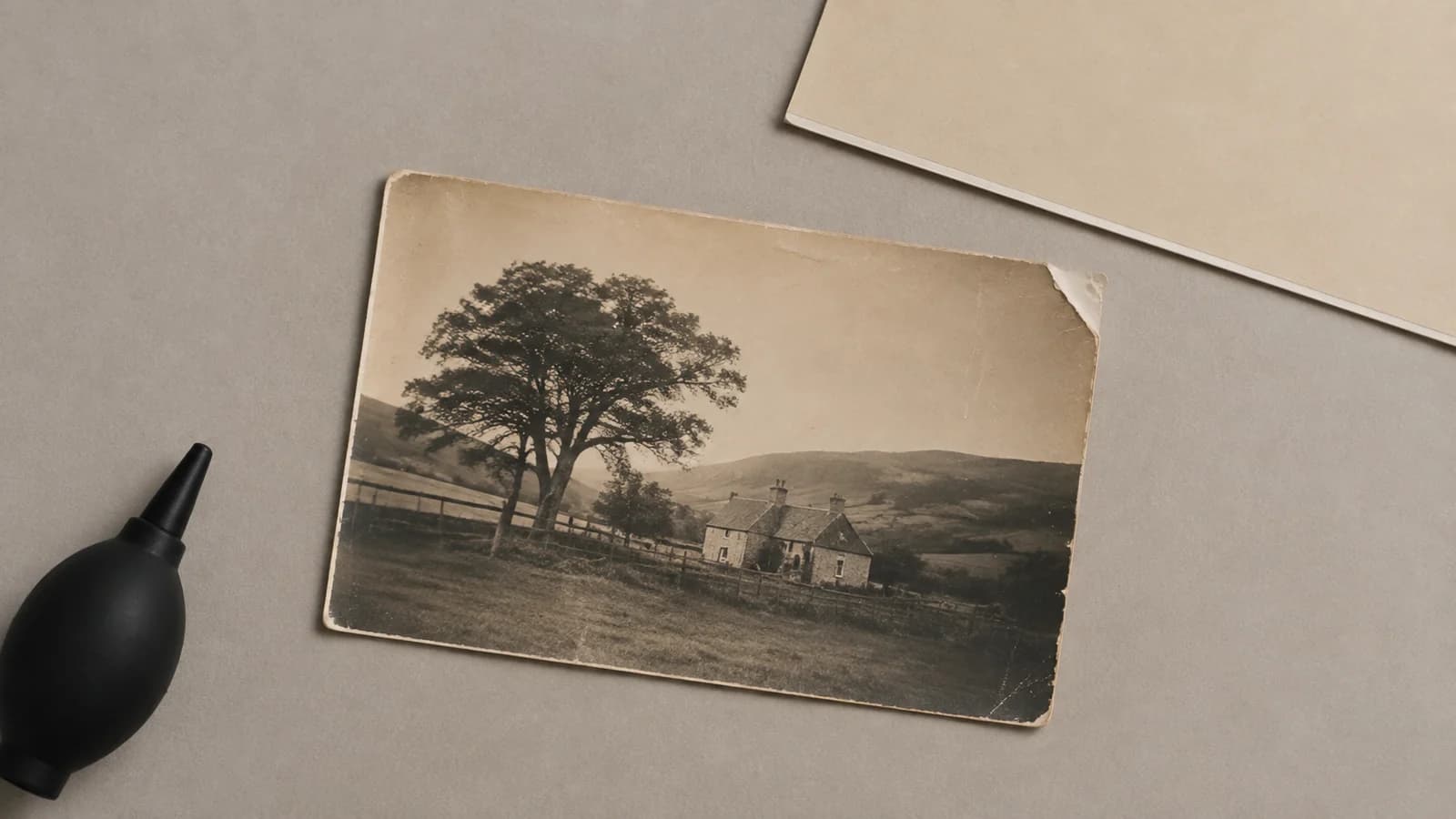 Conceptual scene of a faded landscape photograph with a torn corner on a clean table beside an air bulb and support board