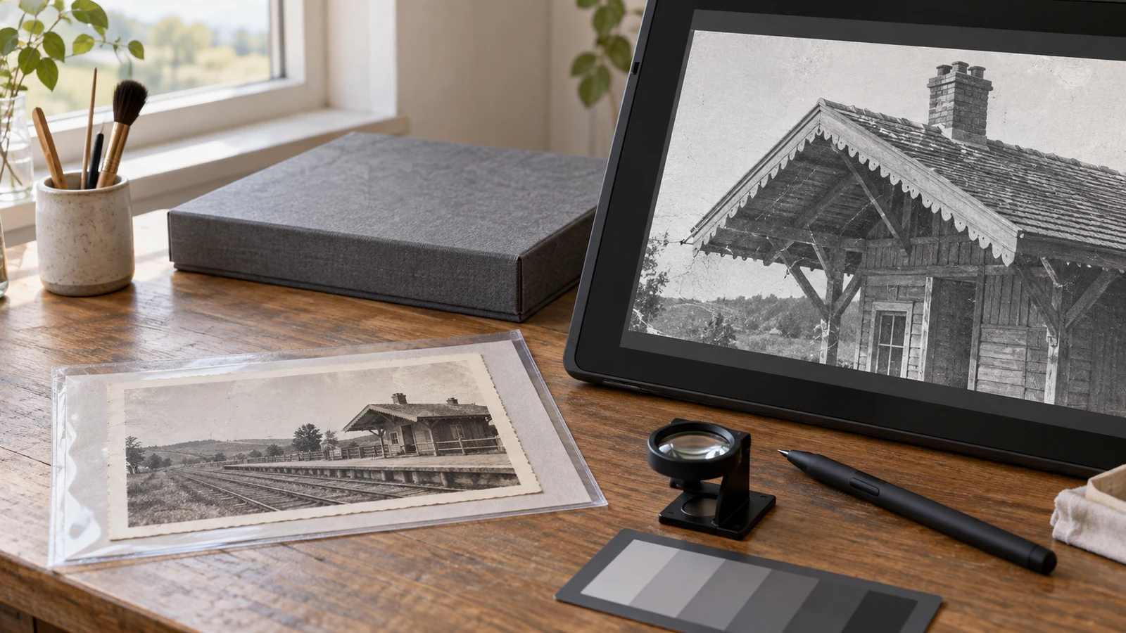 Sleeved photograph of an empty railway station beside a pen display, loupe, gray reference card, and archival box