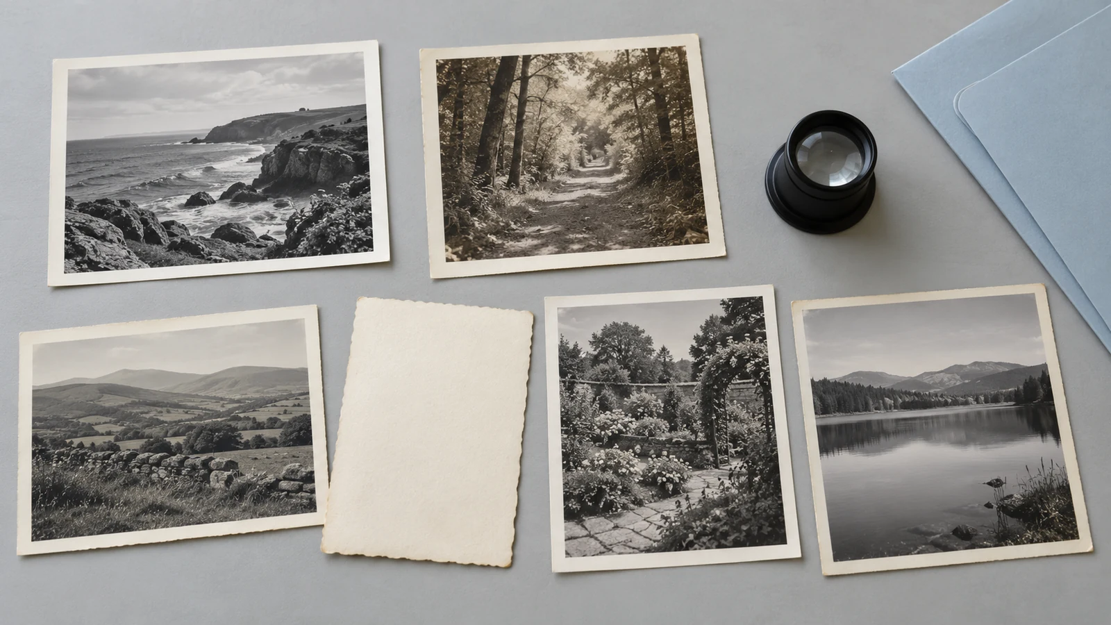 Small set of fictional landscape prints arranged on a neutral worktable beside a loupe and blue envelopes