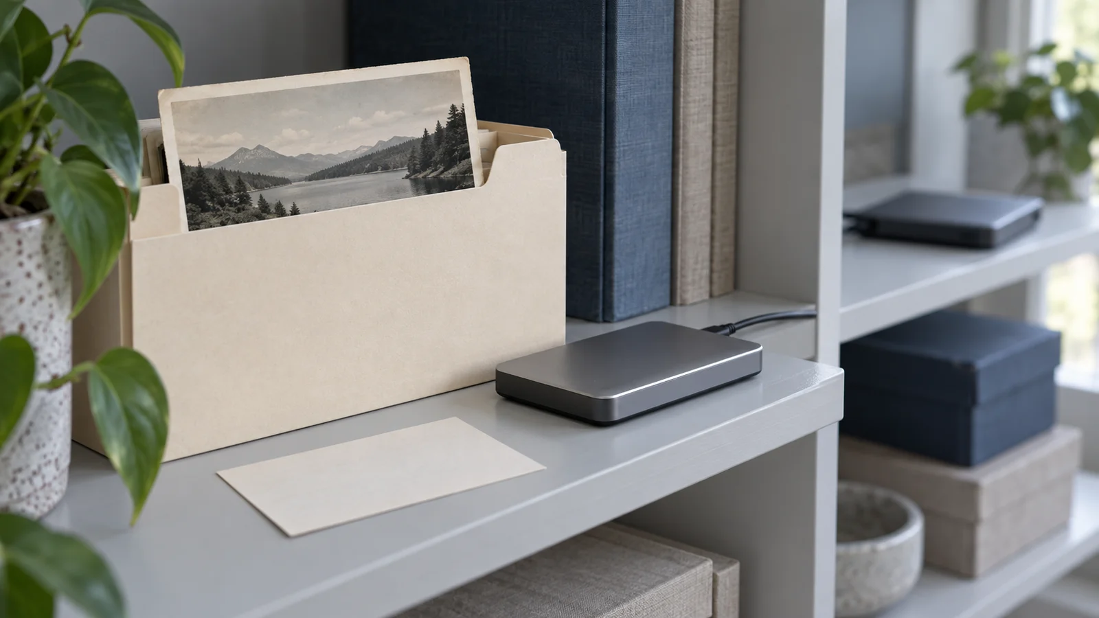 Anonymous landscape print in a plain folder beside one external drive, with another drive on a separate shelf