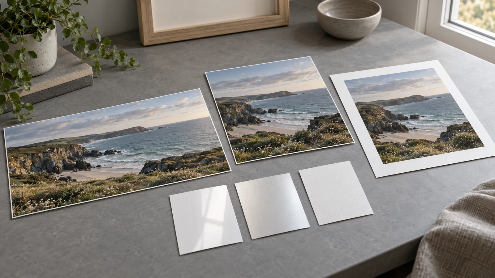 Three fictional coastal landscape prints in wide, square, and bordered crops beside glossy, lustre, and matte paper samples