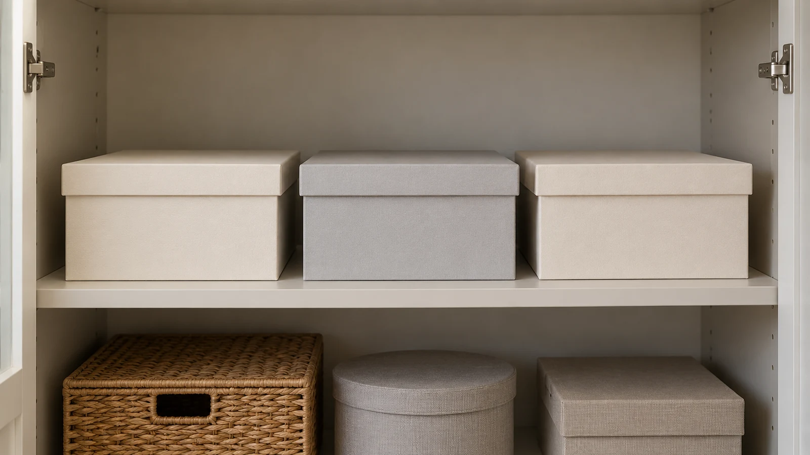 Three closed cream and gray storage boxes on a middle cupboard shelf