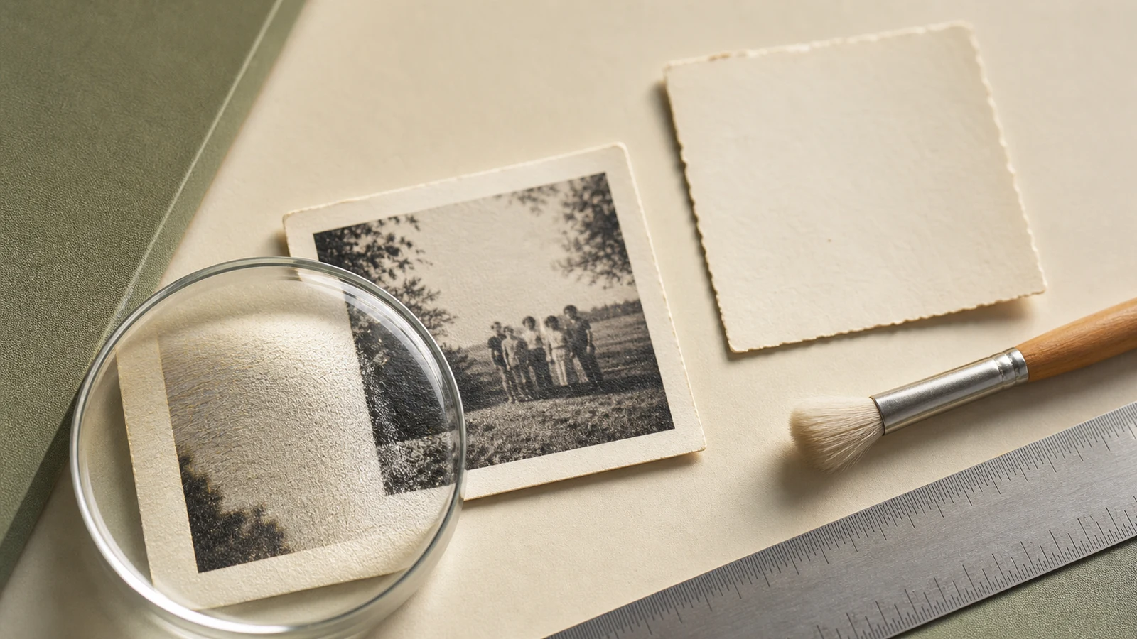 A magnifying loupe showing the paper texture and fine detail in a small vintage family photograph