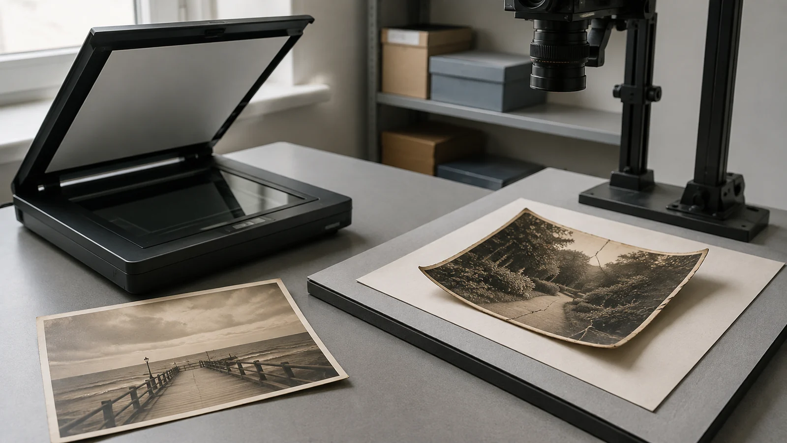 A flat dry landscape photograph beside a flatbed scanner and a curled cracked photograph supported beneath an overhead camera