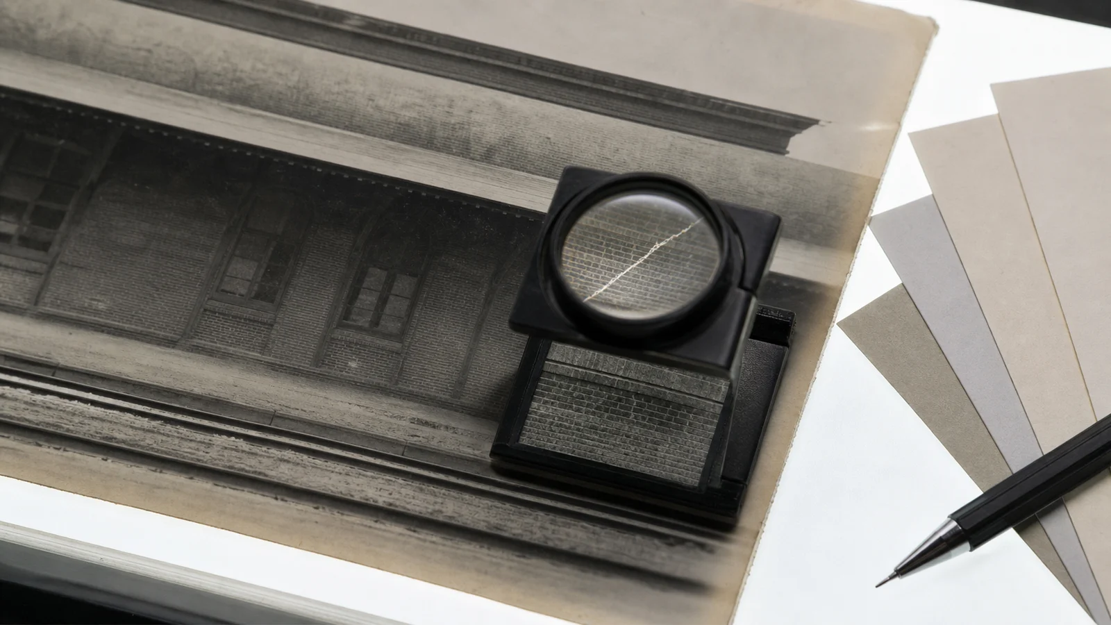 Archival inspection desk with a magnifying loupe over a scratched photograph of an empty building and separate neutral image swatches
